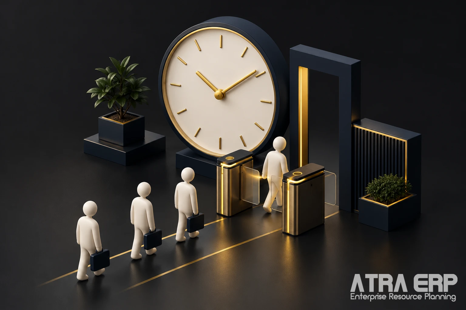 حضور و غیاب پس از استقرار ERP؛ از ثبت تردد تا مدیریت یکپارچهٔ کارکرد ساعت بزرگ، مسیر حرکت کارکنان و ستونهای کارکرد؛ تصویر مفهومی مدیریت حضور و غیاب