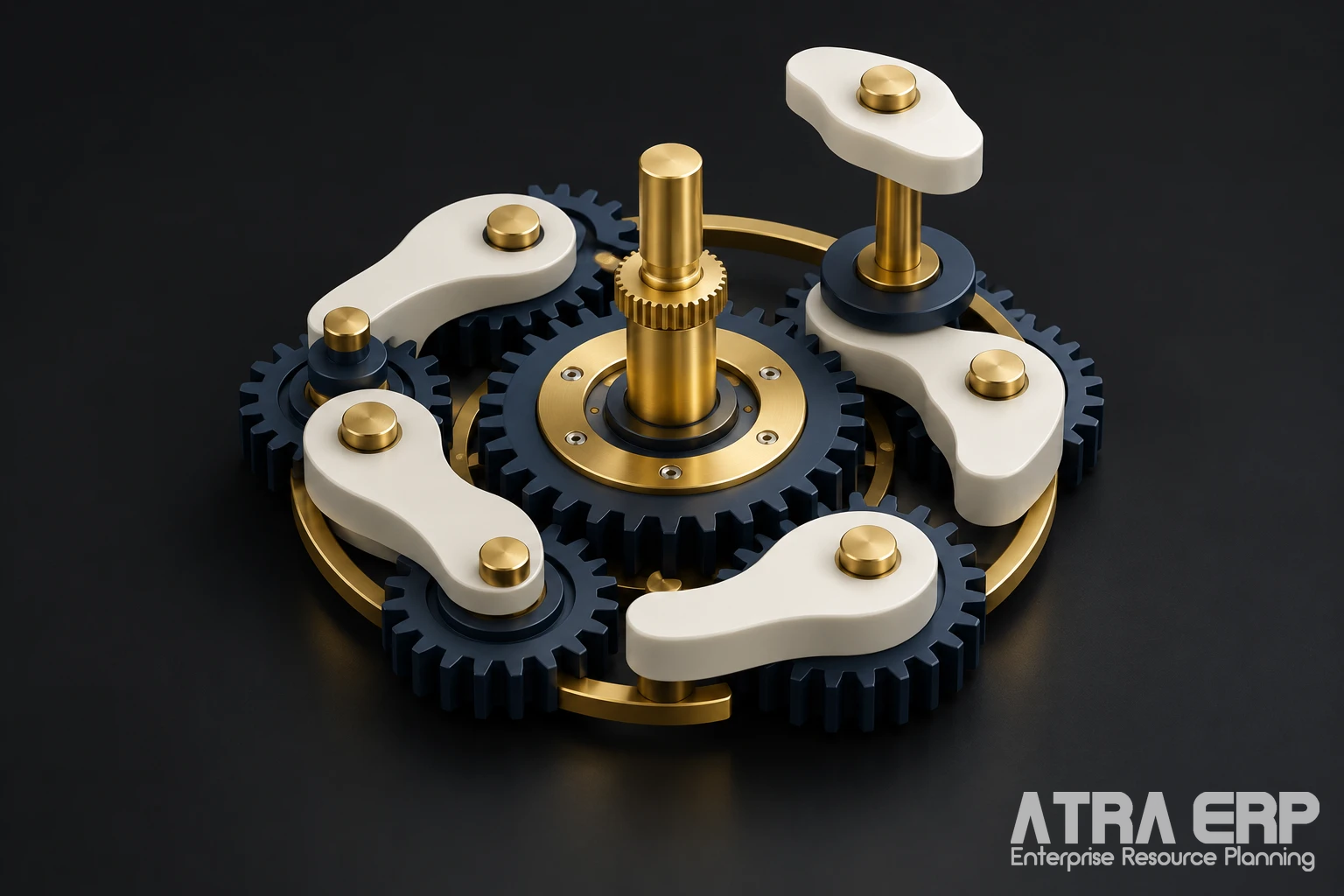 نقش ATRA ERP در تدوین و مدیریت استراتژیک سازمان چرخدنده مرکزی و سکوهای متصل؛ تصویر مفهومی هماهنگی اهداف و عملیات سازمان
